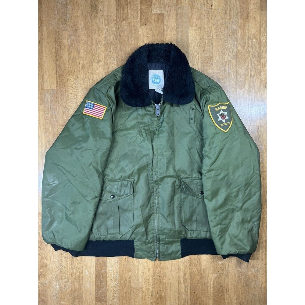 Vintage USMC Marine Security Flag Patch Military Green Bomber Jacket 2XL